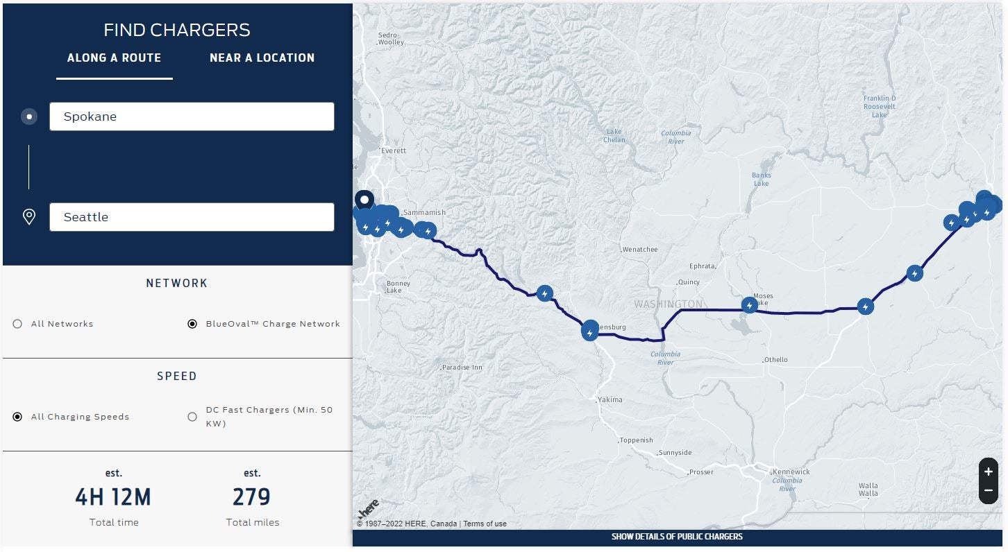 A map indicating BlueOval charging stations between Spokane WA and Seattle WA.